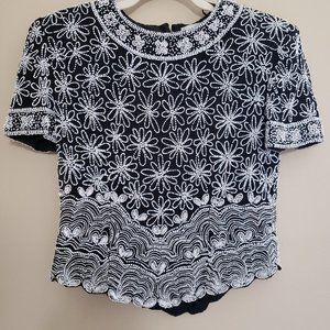 Vintage Adrianna Papell Beaded Silk Top Floral Black White Blouse Small